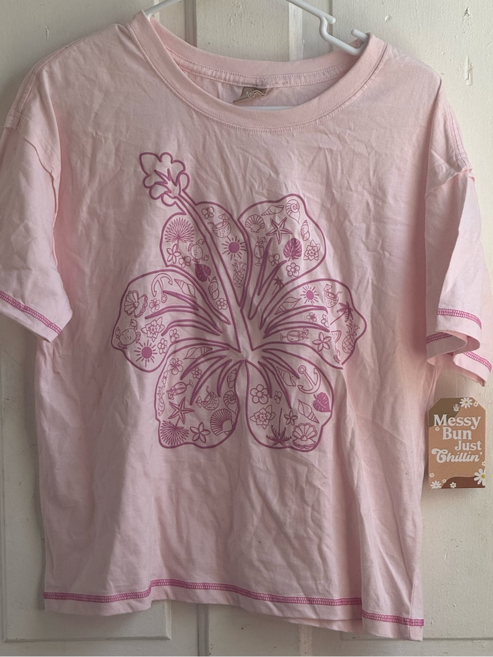 Pink Floral Hibiscus Short Sleeve Tee - Messy Bun